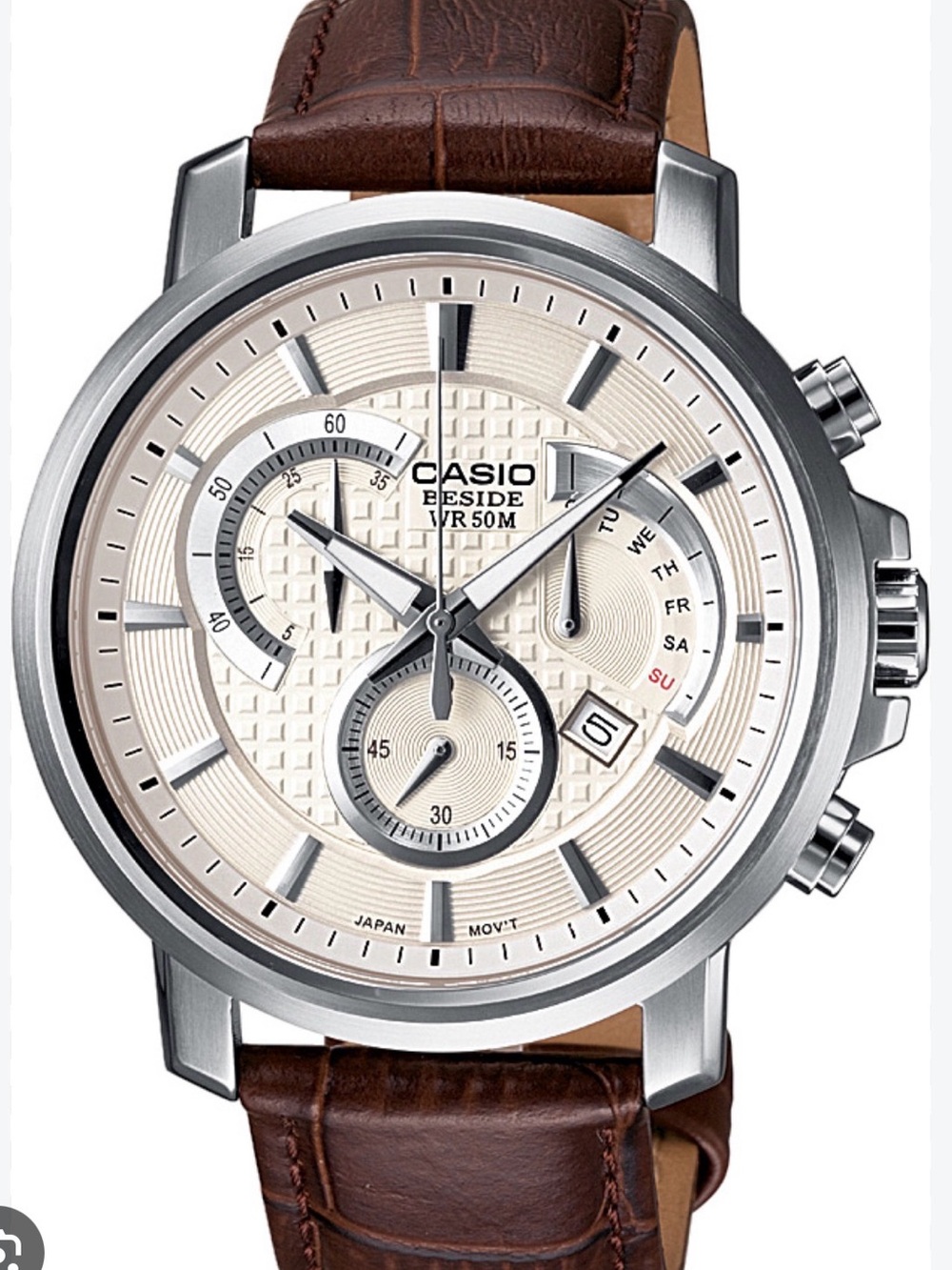 Casio Beside Silver Dial Brown Strap Men's Watch